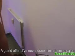Tattooed eurobabe pussyfucking on tanningbed